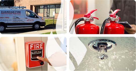 Collage of images including Guardian Fire vehicles, fire supression systems, and fire extinguishers
