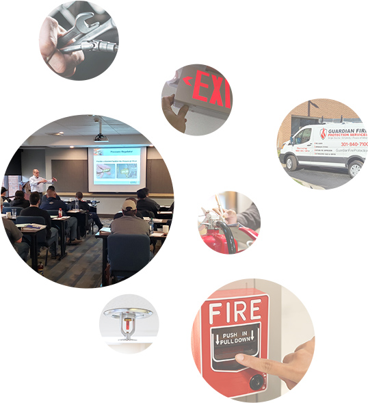 Collage of images including Guardian Fire vehicles, fire supression systems, and fire alarm systems