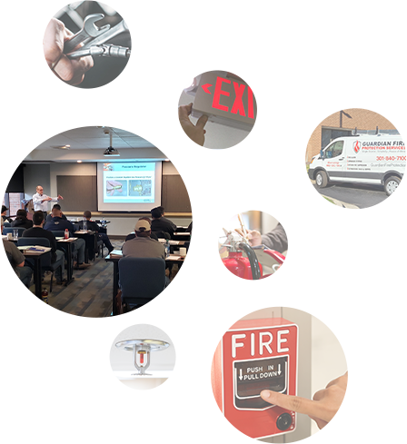 Collage of images including Guardian Fire vehicles, fire supression systems, and fire sprinklers