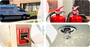 Collage of images inlcuding Guardian Fire vehicles, fire extinguishers, and fire alarm systems