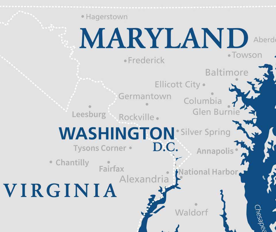Map of service area including Maryland, Virginia, and Washington, DC