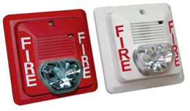 Red and white fire alarms side-by-side.