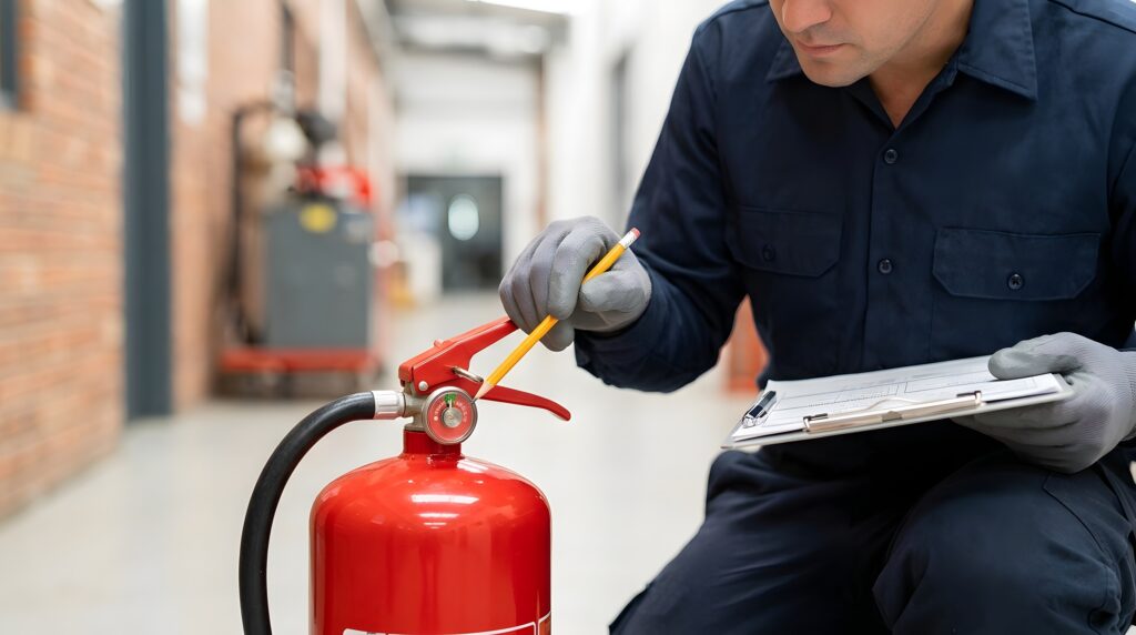 Male Technician Inspector Wearing Uniform Inspecting Red Fire Extinguisher with Clipboard Checking Safety Equipment in Building Hallway, Maintenance Service Prevention Compliance