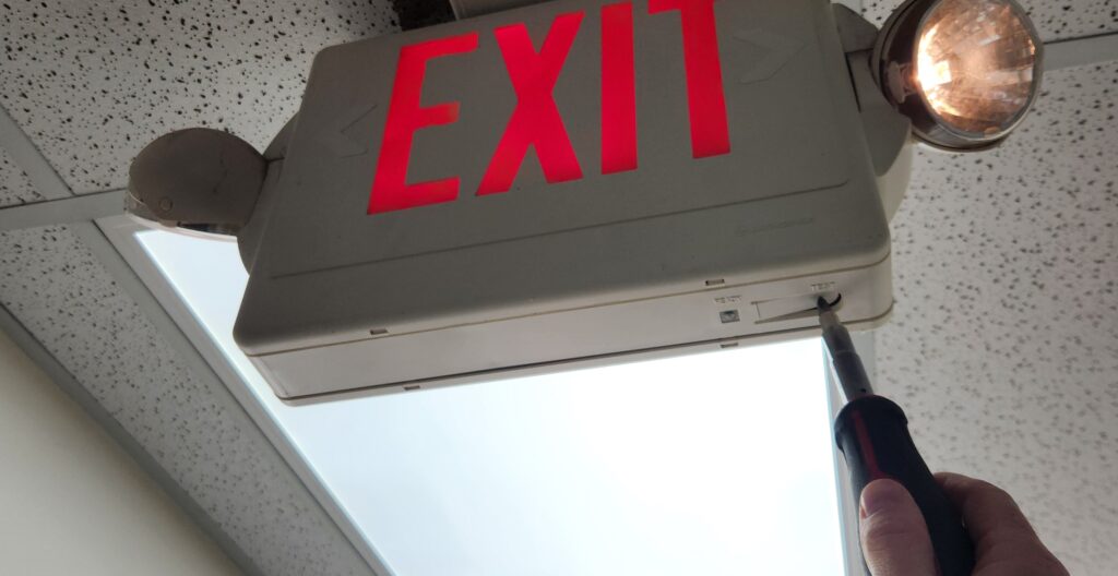 Exit light on a ceiling in an office building; a technician's hand holding a tool next to the sign.