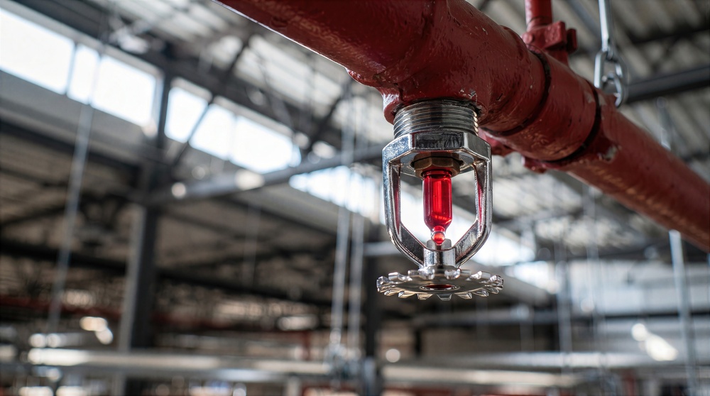 Automatic fire sprinkler head on industrial pipeline